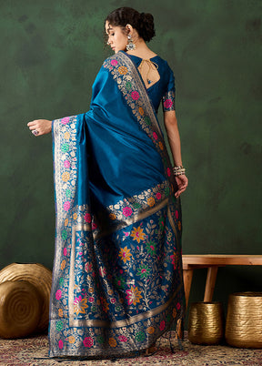 Blue Dupion Silk Saree With Blouse Piece