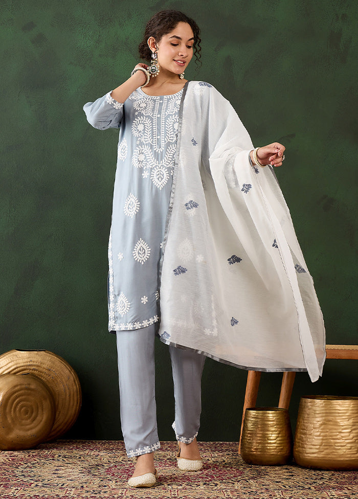 3 Pc Grey Readymade Rayon Suit Set