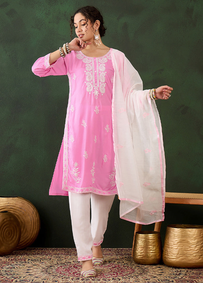 3 Pc Pink Readymade Rayon Suit Set