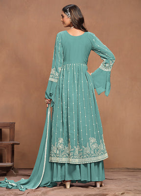 3 Pc Sky Blue Semi Stitched Georgette Suit Set