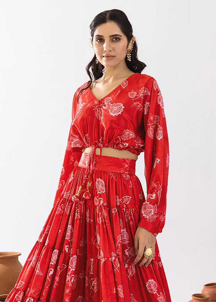 Red Silk Readymade Lehenga Set