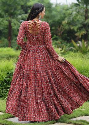 Maroon Readymade Cotton Long Gown