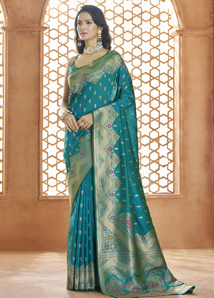 Blue Banarasi Silk Saree With Blouse Piece