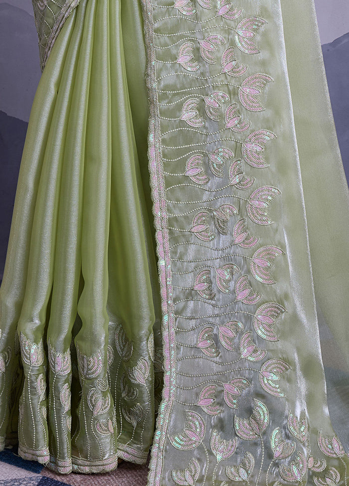 Pista Green Spun Silk Saree With Blouse Piece