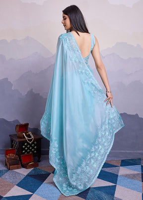 Sky Blue Spun Silk Saree With Blouse Piece