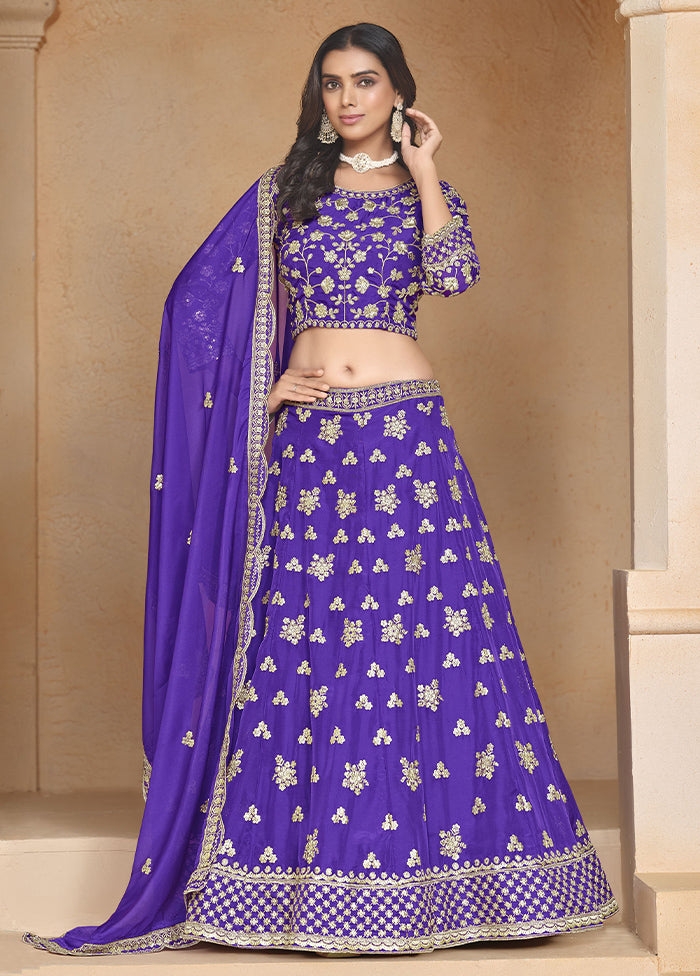 3 Pc Purple Net Semi Stitched Lehenga Set