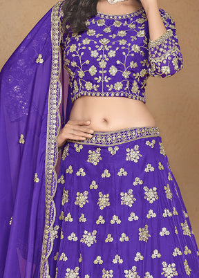 3 Pc Purple Net Semi Stitched Lehenga Set