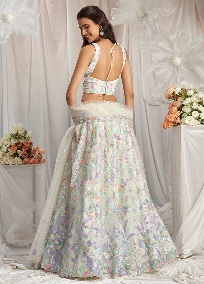 3 Pc Cream Net Semi Stitched Lehenga Set