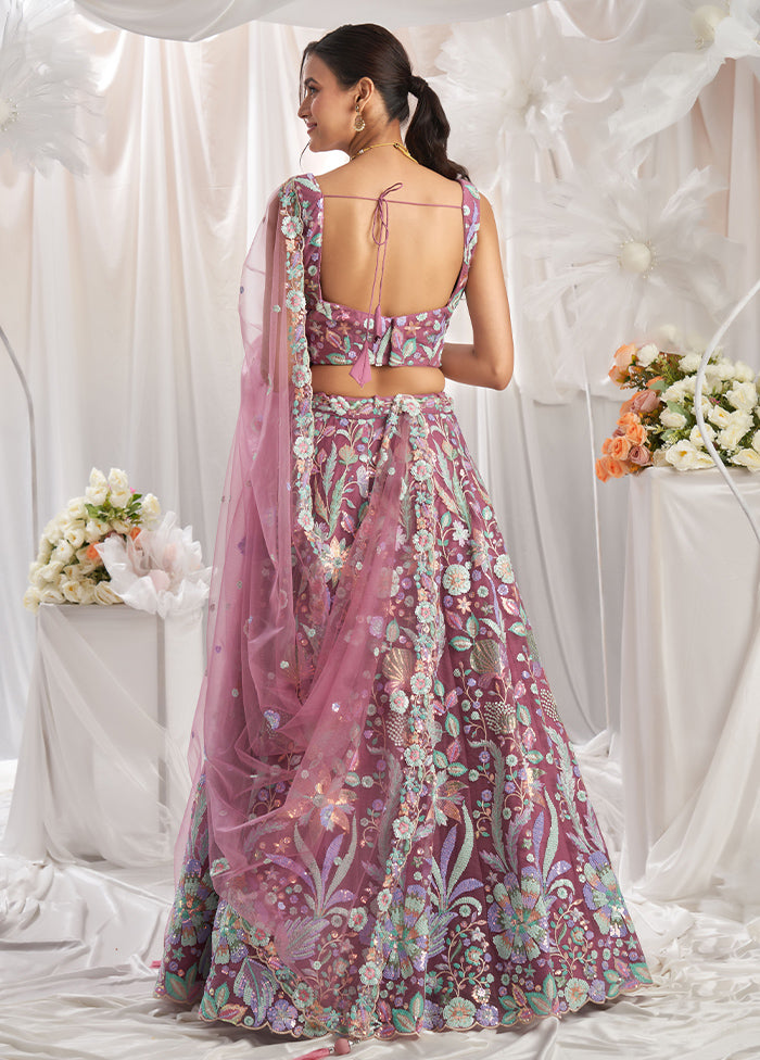 3 Pc Dusty Pink Net Semi Stitched Lehenga Set