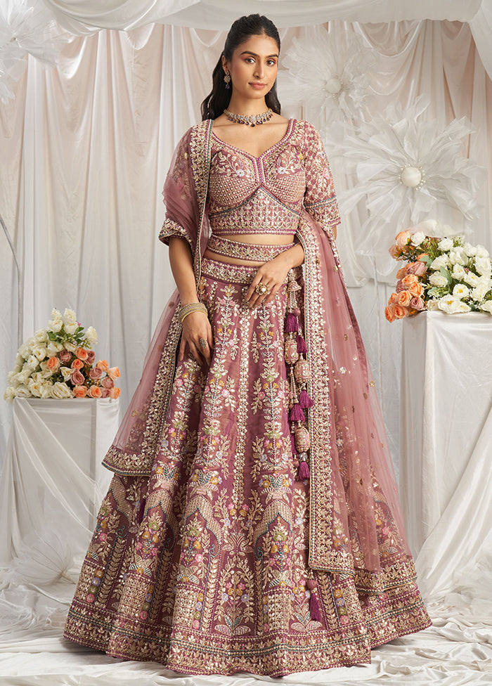 3 Pc Lavender Silk Semi Stitched Lehenga Set