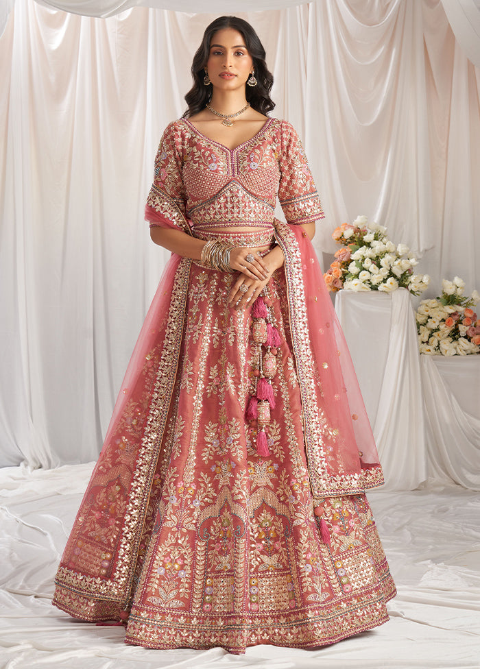 3 Pc Pink Silk Semi Stitched Lehenga Set