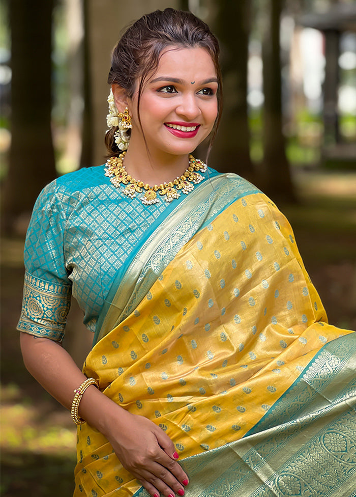 Yellow Dupion Silk Saree With Blouse Piece