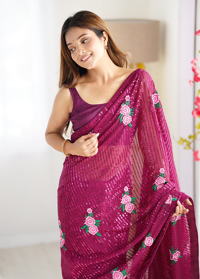 Wine Georgette Saree With Blouse Piece