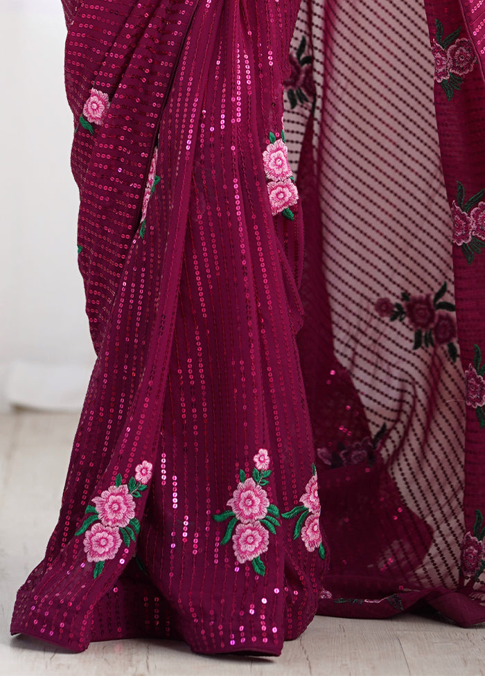 Wine Georgette Saree With Blouse Piece