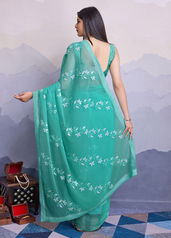 Sea Green Chiffon Silk Saree With Blouse Piece