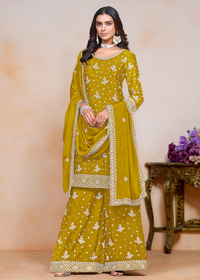 3 Pc Yellow Semi Stitched Silk Suit Set