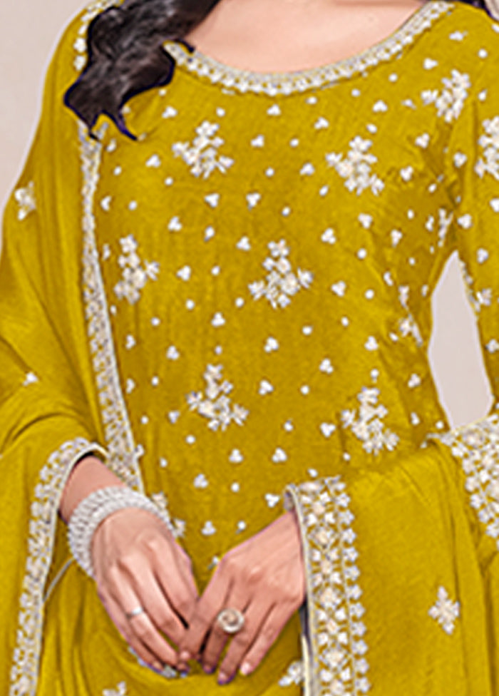 3 Pc Yellow Semi Stitched Silk Suit Set