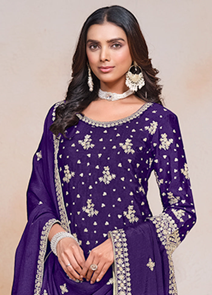 3 Pc Purple Semi Stitched Silk Suit Set