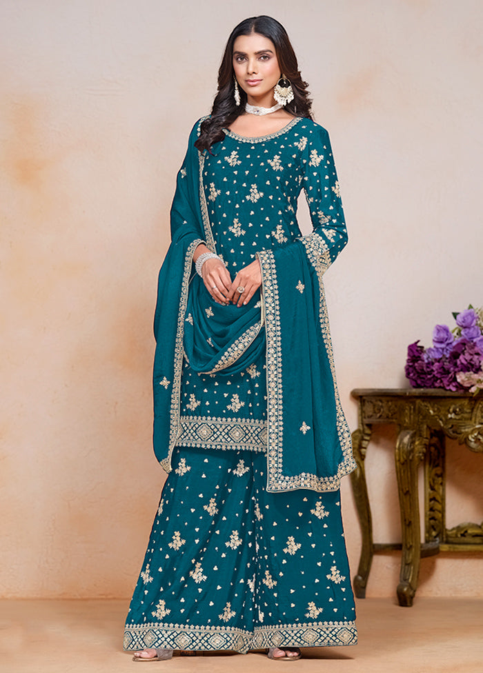 3 Pc Teal Semi Stitched Silk Suit Set