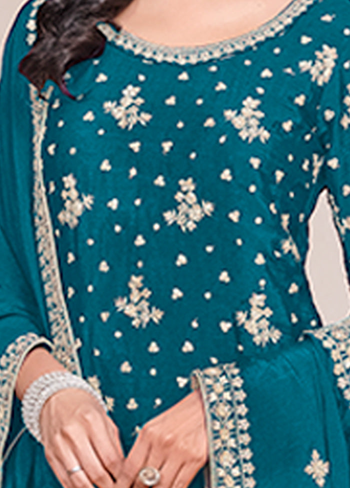 3 Pc Teal Semi Stitched Silk Suit Set