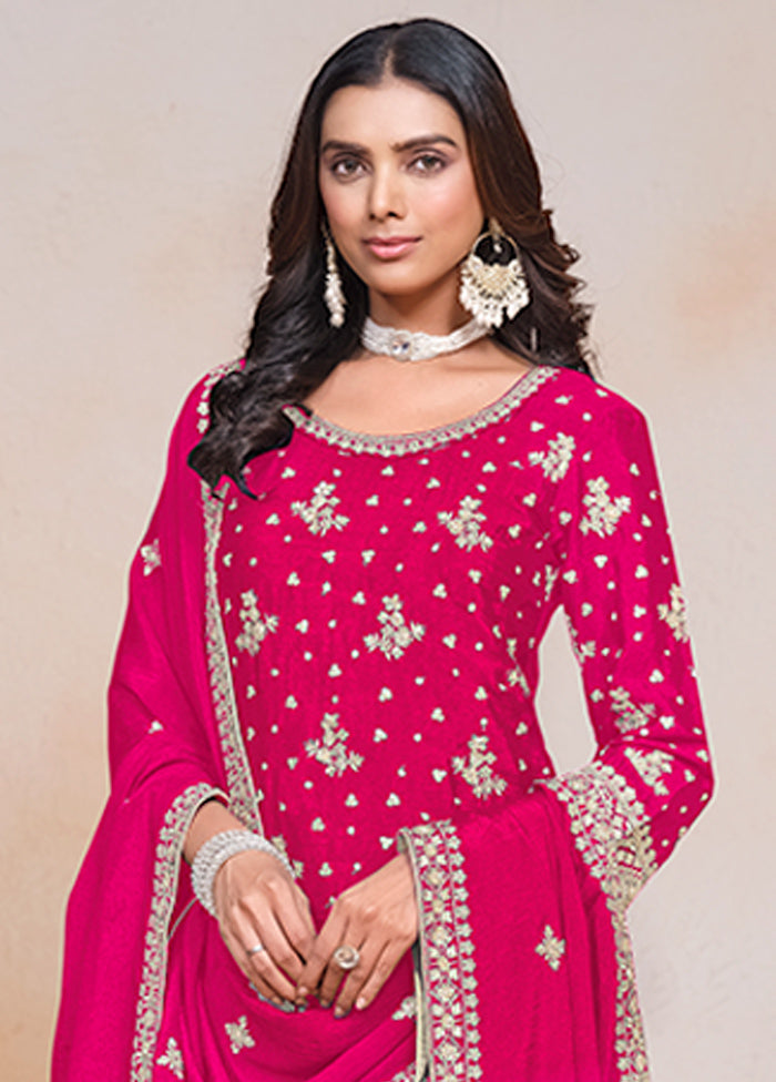 3 Pc Pink Semi Stitched Silk Suit Set