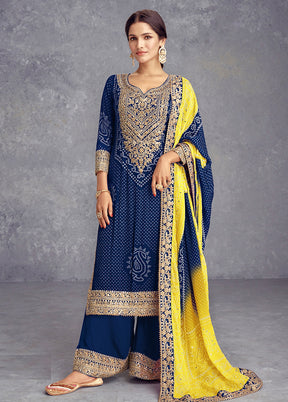 3 Pc Blue Semi Stitched Silk Suit Set