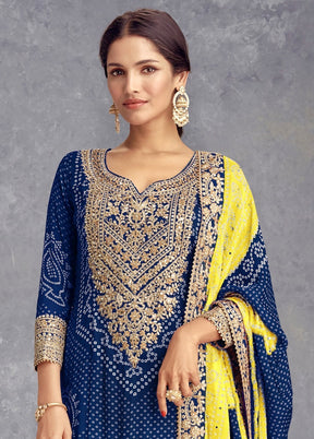 3 Pc Blue Semi Stitched Silk Suit Set