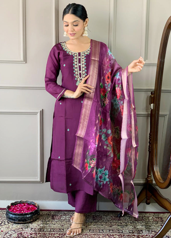 3 Pc Purple Readymade Chanderi Suit Set