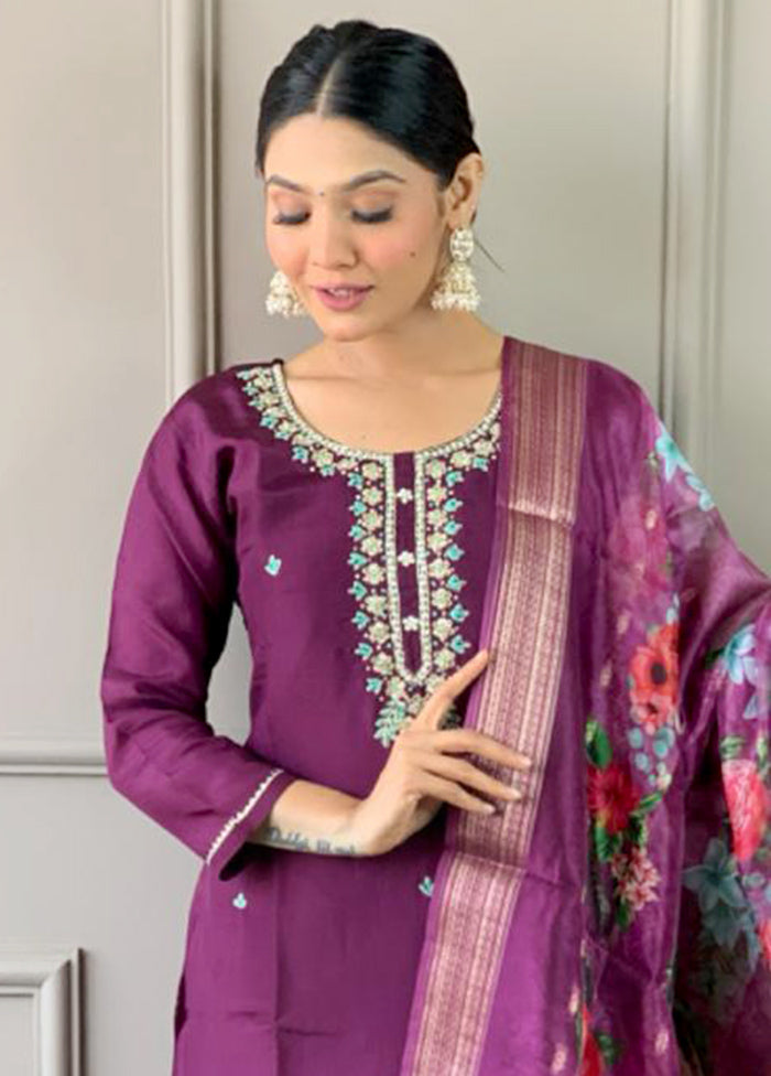 3 Pc Purple Readymade Chanderi Suit Set