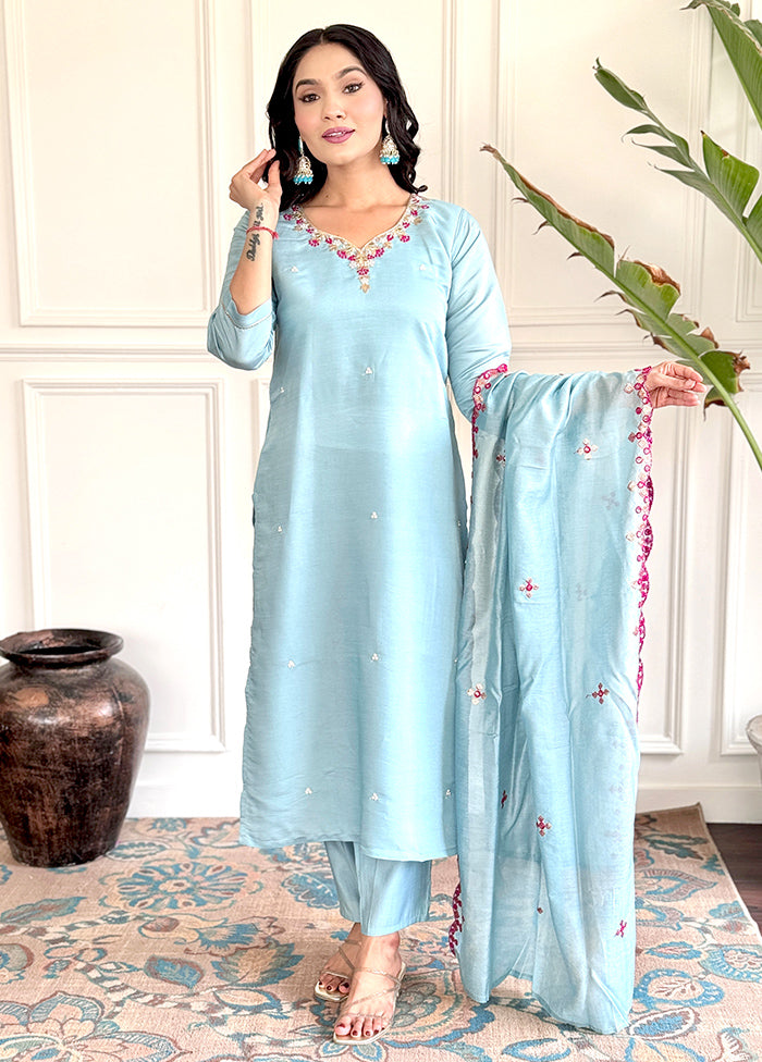 3 Pc Sky Blue Readymade Chanderi Suit Set