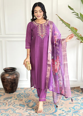 3 Pc Purple Readymade Chanderi Suit Set