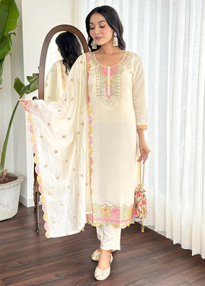 3 Pc Cream Readymade Chanderi Suit Set