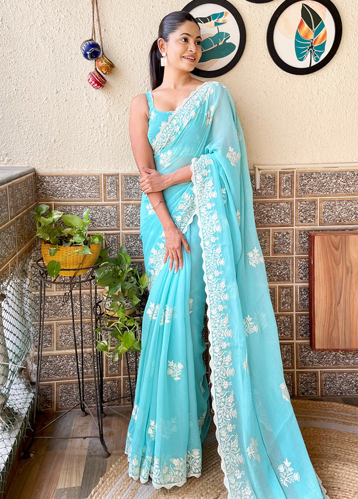 Sky Blue Spun Silk Saree With Blouse Piece