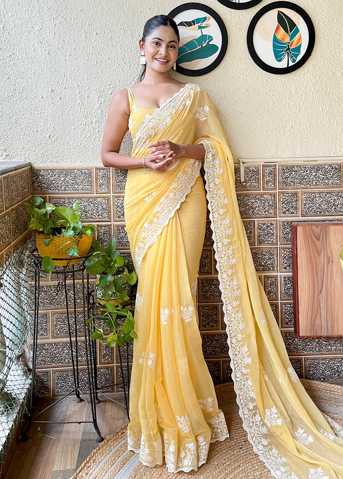 Yellow Spun Silk Saree With Blouse Piece