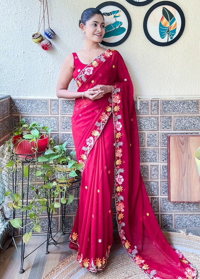 Maroon Georgette Saree With Blouse Piece