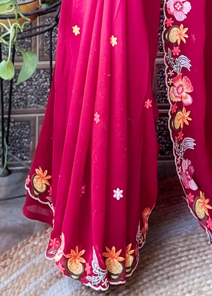 Maroon Georgette Saree With Blouse Piece