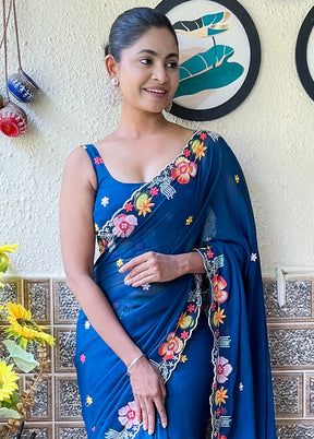 Blue Georgette Saree With Blouse Piece