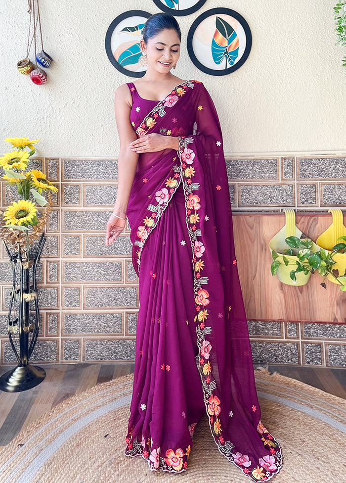 Wine Georgette Saree With Blouse Piece