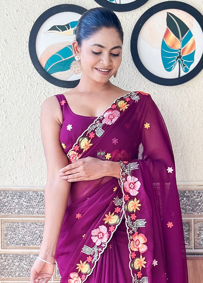 Wine Georgette Saree With Blouse Piece