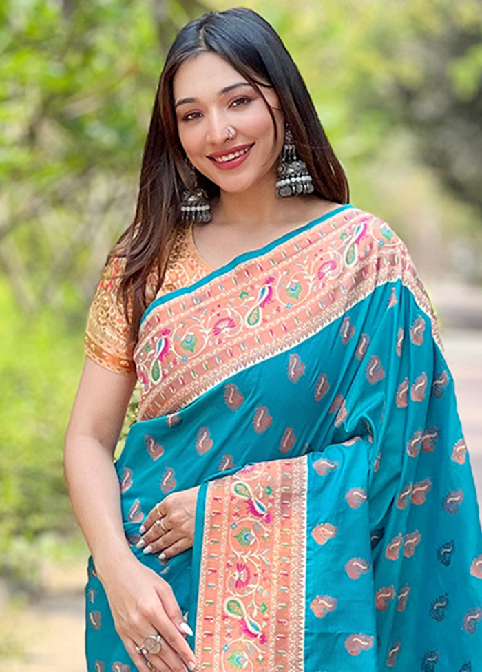 Blue Dupion Silk Saree With Blouse Piece