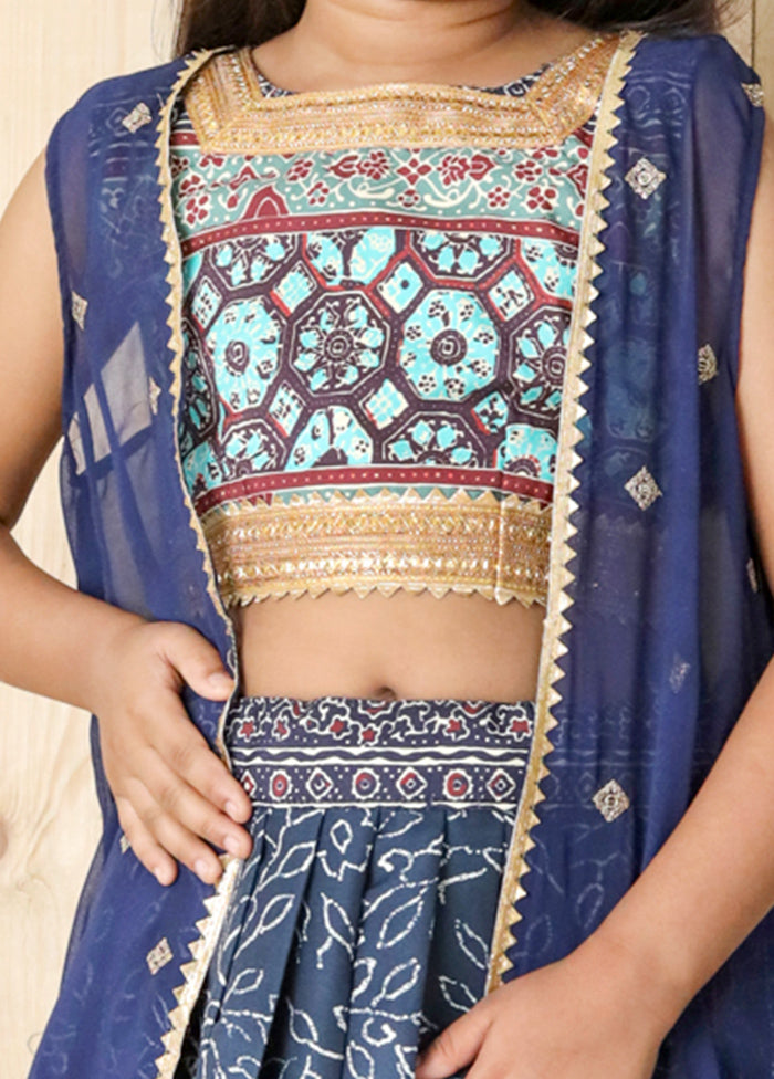 Blue Silk Digital Printed Work Lehenga With Shrug