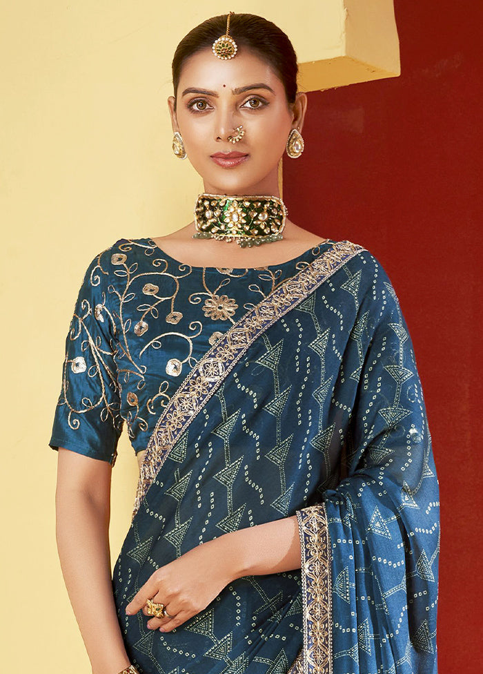 Navy Blue Chiffon Silk Saree With Blouse Piece