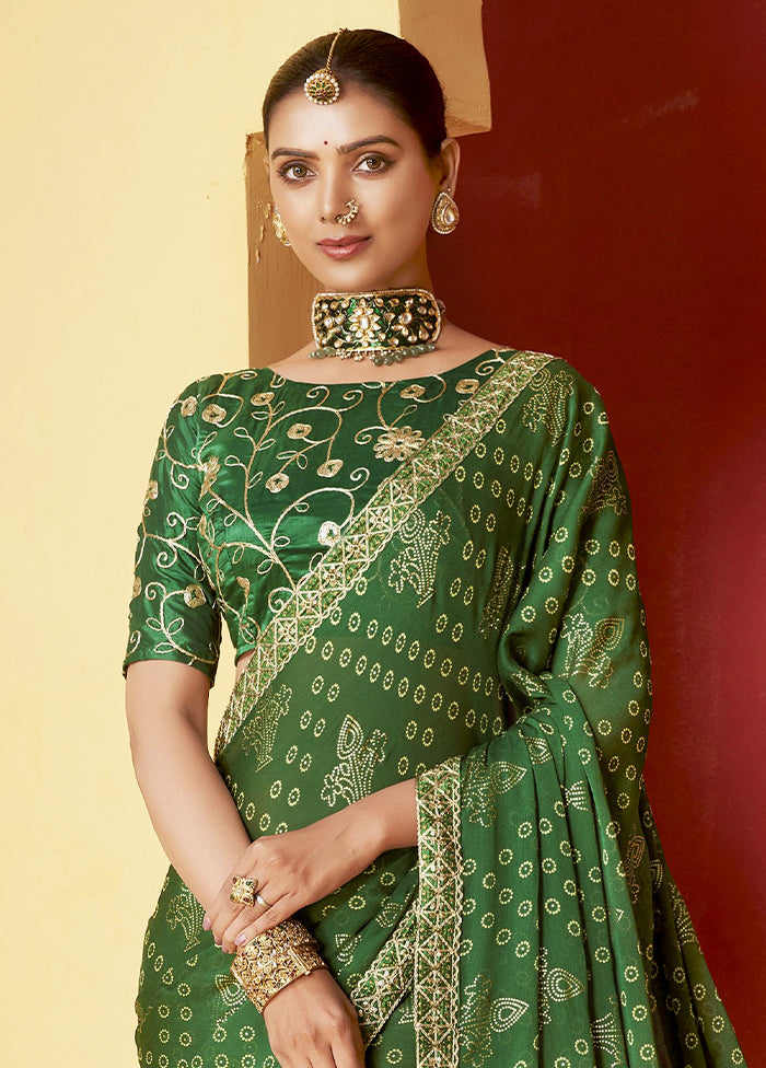 Pine Green Chiffon Silk Saree With Blouse Piece