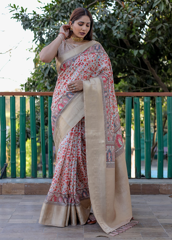 Beige Pasmina Silk Saree With Blouse Piece