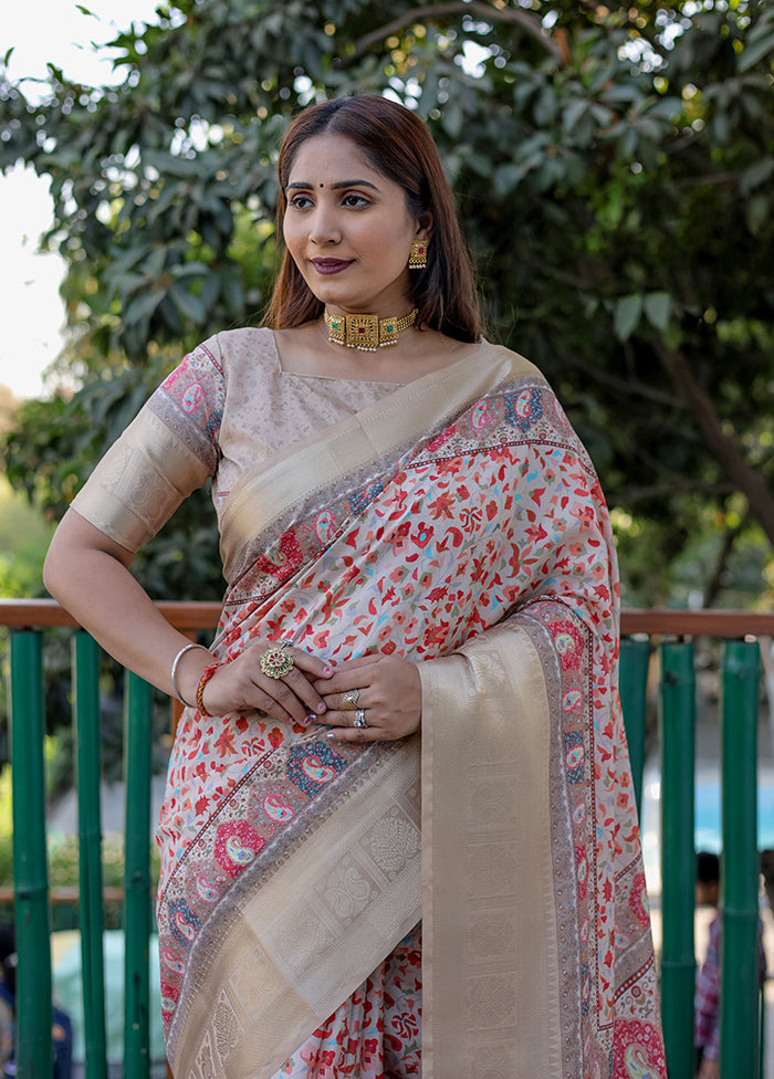 Beige Pasmina Silk Saree With Blouse Piece