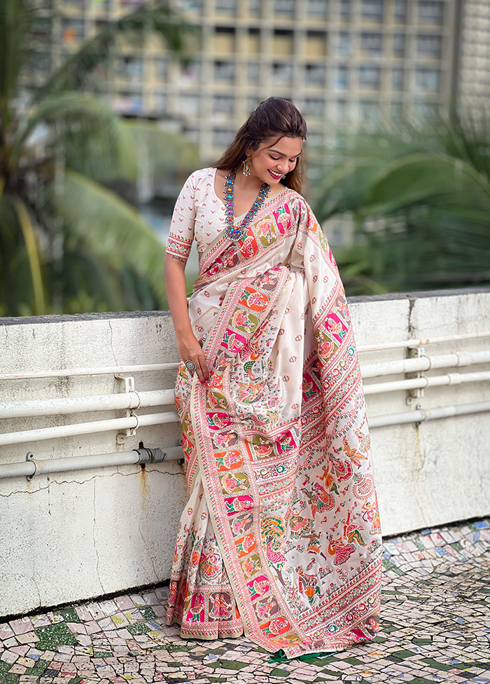 White Pasmina Silk Saree With Blouse Piece