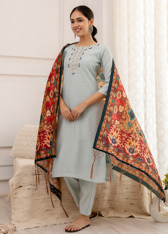 3 Pc Grey Readymade Viscose Suit Set