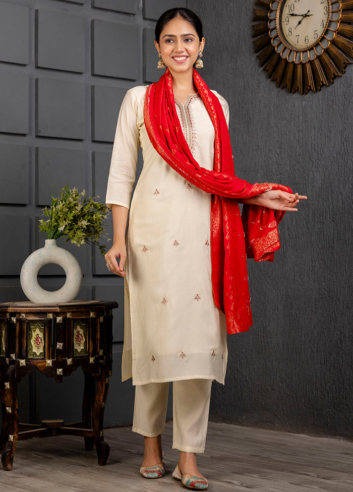 3 Pc Cream Readymade Viscose Suit Set