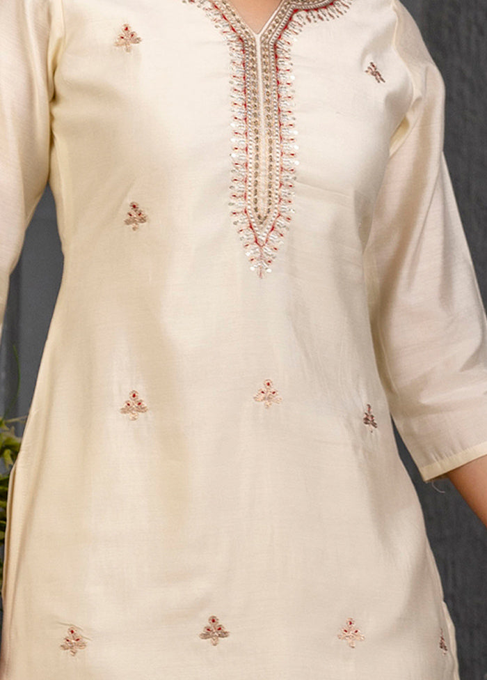 3 Pc Cream Readymade Viscose Suit Set