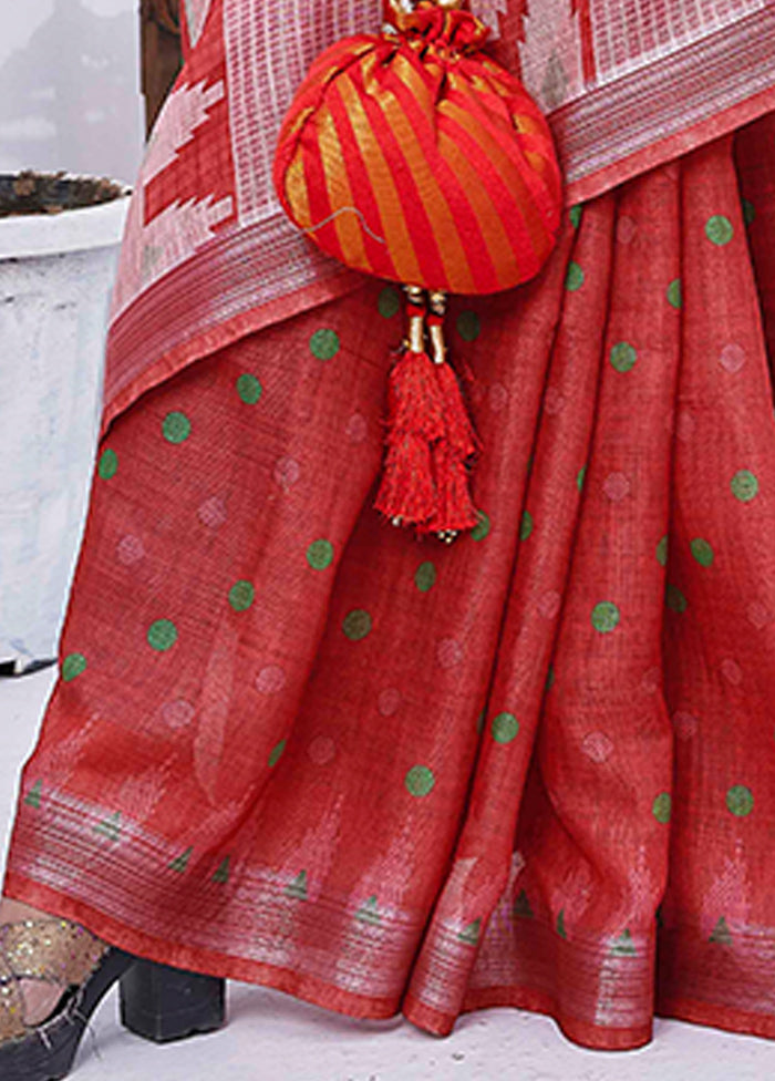 Red Linen Silk Saree With Blouse Piece